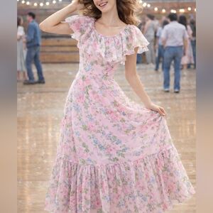 1970s Vintage Footloose Floral Maxi Dress Sheer Pink Flowers Ruffle Sleeveless